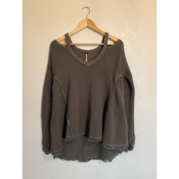 Free People Green Moonshine Cold Shoulder Thermal Waffle Knit Sweater Small - Picture 2 of 10